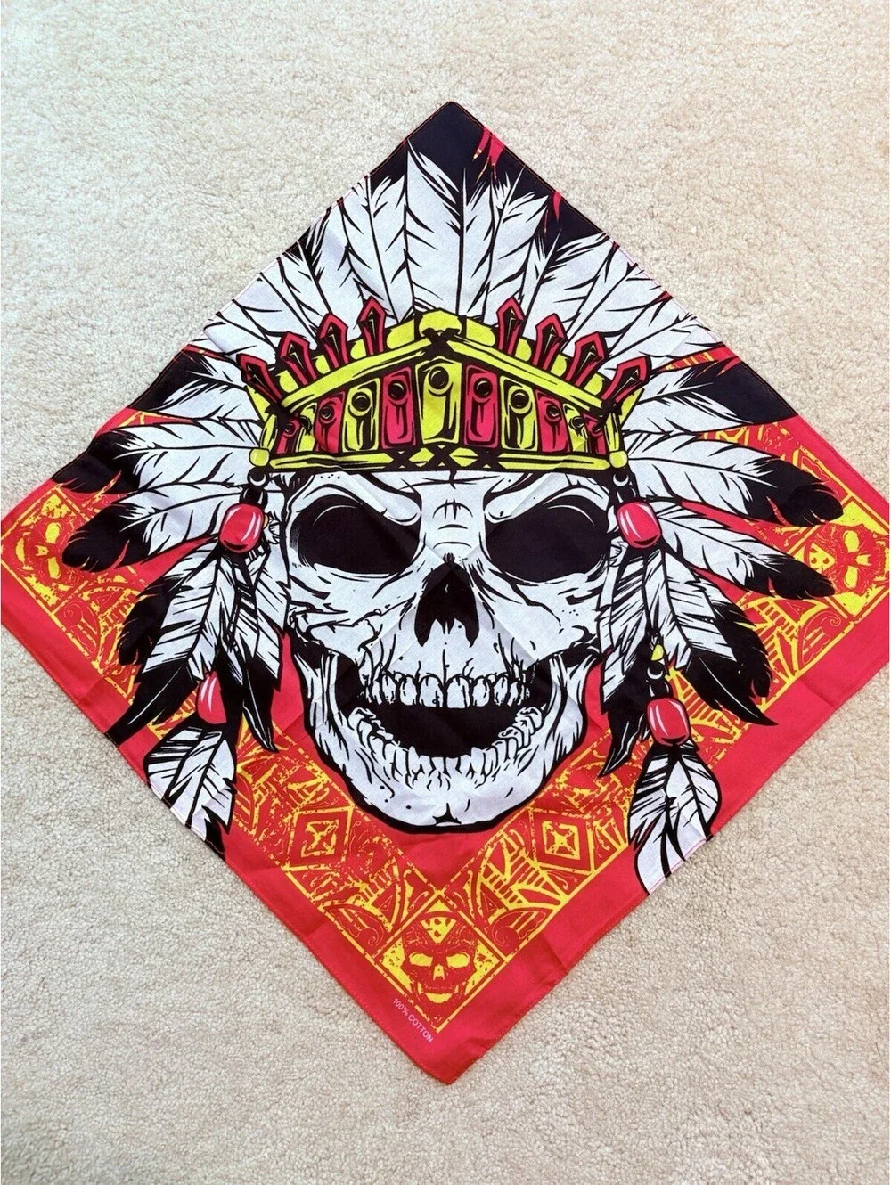 Unisex Square Scarf Red Black White Cotton Woven Skull Graphic Print Logo